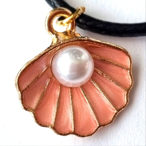 Necklace | Pink Scallop & Faux Pearl Pendant | Black Cord | Gold Toned Findings - Picture 6 of 8